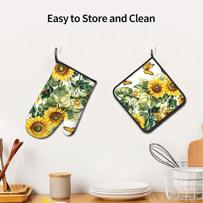 Sunflower Oven Mitts and Pot Holders Spring Summer Kitchen Accessories Set of 2 Floral Plant Botanical Gloves Potholder for Chef Cooking Baking Grilling BBQ - Image 6