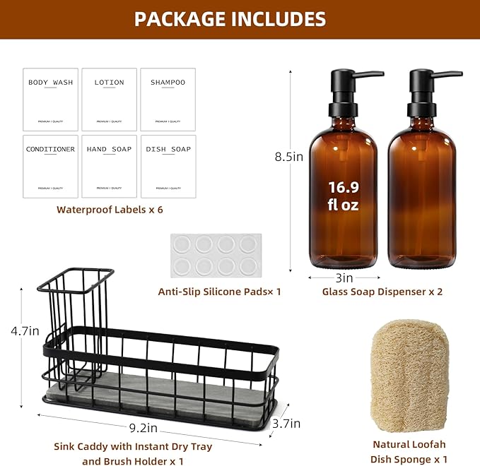 Dish Soap Dispenser for Kitchen, 16.9 fl oz Amber Hand and Dish Soap Dispensers, Kitchen Soap Dispenser Set with Sponge Holder, Brush Holder and Loofah Sponge, Countertop Sink Organizer Accessories - Image 2