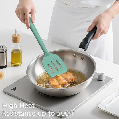 Coukre 3 Pack Silicone Spatula Set, High Heat Resistant, BPA-Free, Fish Spatula, Solid & Slotted Turner for Non-Stick Pans, Flipping Eggs, Pancakes, Fish, Burgers (3, PureAquaGreen) - Image 4