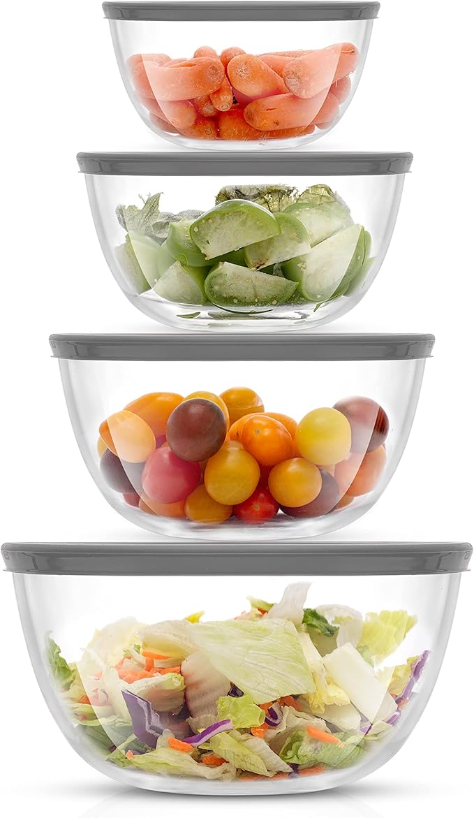 JoyJolt Kitchen Mixing Bowls - 8pc Glass with Lids Set – Neat Nesting Large Bowl Batter Cooking Storage and Big Salad BPA-Free Gray by JoyJolt
