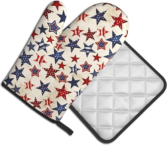 Patriotic Stars Oven Mitts - 4th of July Kitchen Mitts Pot Holders Sets of 2 Red White and Blue Hot Mitts Independence Memorial Day Hot Pads for Cooking Baking Grilling - Image 2