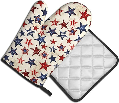 Patriotic Stars Oven Mitts - 4th of July Kitchen Mitts Pot Holders Sets of 2 Red White and Blue Hot Mitts Independence Memorial Day Hot Pads for Cooking Baking Grilling - Image 2