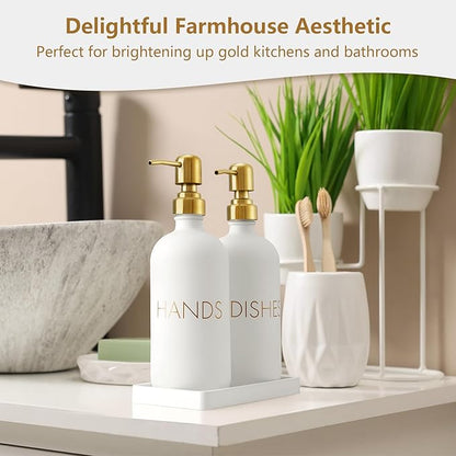 Glass Dish and Hand Soap Dispenser Set - Kitchen Soap Dispenser with Tray and Stainless Steel Pump - for Modern Gold Kitchen Decor and Accessories