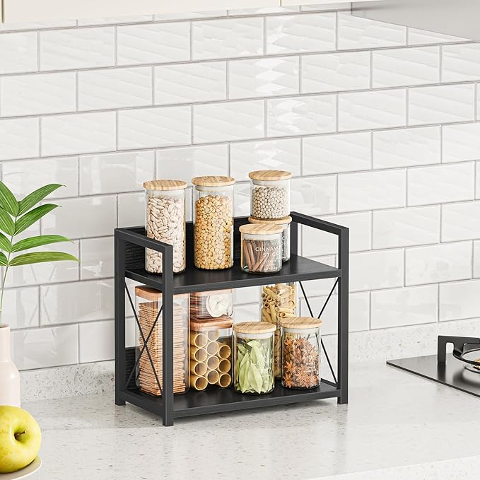 Giikin Kitchen Counter Shelf, 2 Tier Kitchen Spice Rack Organizer for Countertop, Wood Coffee Bar Organizer for Home (Black, S) - Image 4