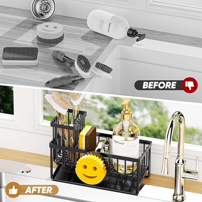 Sponge Holder for Kitchen Sink,Smiley Face Sink Caddy with Removable Brush Holder,Self-Draining Sponge Caddy for Sponge,Soap,Dish Brush,Scrubber,Kitchen Essentials and Gadgets - Image 6