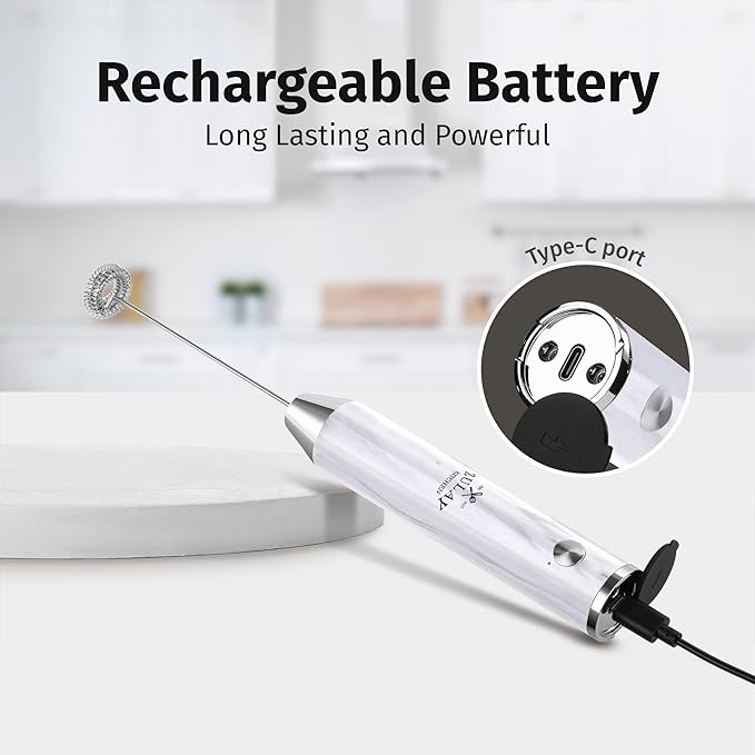 Zulay Kitchen Rechargeable Milk Frother Handheld Lux - Powerful 2-Speed Motor, Waterproof, 2000mAh Battery - Drink Mixer for Latte, Cappuccino, Matcha & Protein Powder - White Marble - Image 7
