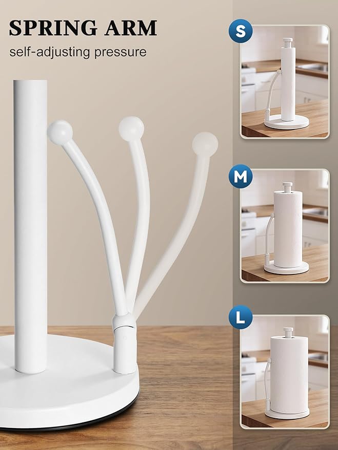 SMARTAKE Paper Towel Holder, Paper Towel Dispenser Standing Weighted Base Non Slip, Spring Arm for Easy Tear, Stainless Steel Paper Towel Holder for Home Kitchen Countertop Tabletop, White - Image 2