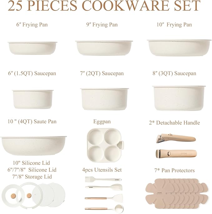 CAROTE Pots and Pans Set Non Stick, Cookware Sets, Kitchen Set, Oven/Dishwasher/Fridge Safe, Space Saving Pots Set, Nonstick Set with Versatile Detachable Handle, Induction RV Set, Cream - Image 2