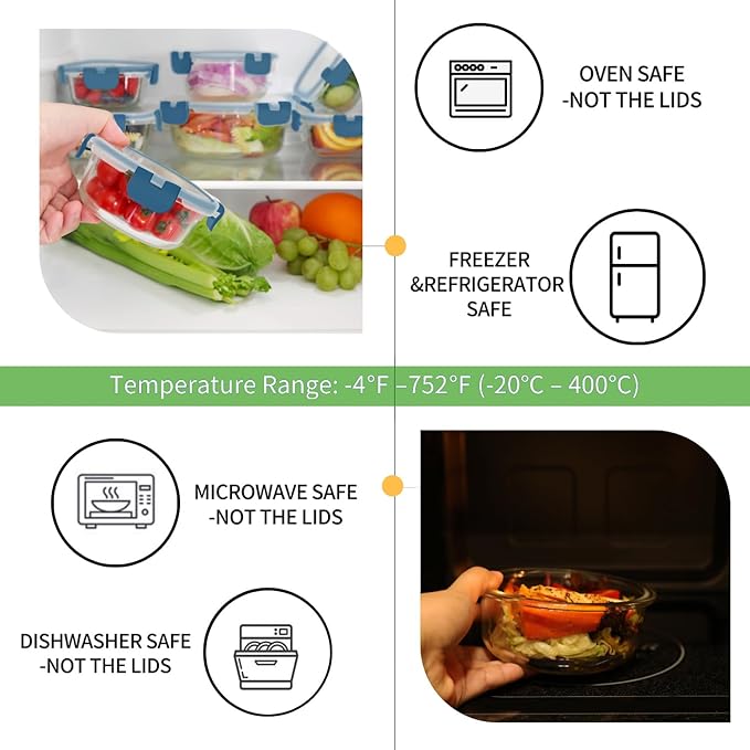 HOMBERKING Glass Food Storage Containers with Lids, [18 Piece] Glass Meal Prep Containers, Airtight Lunch Bento Boxes, BPA-Free & Leak Proof (9 lids & 9 Containers) - Deep Blue - Image 3