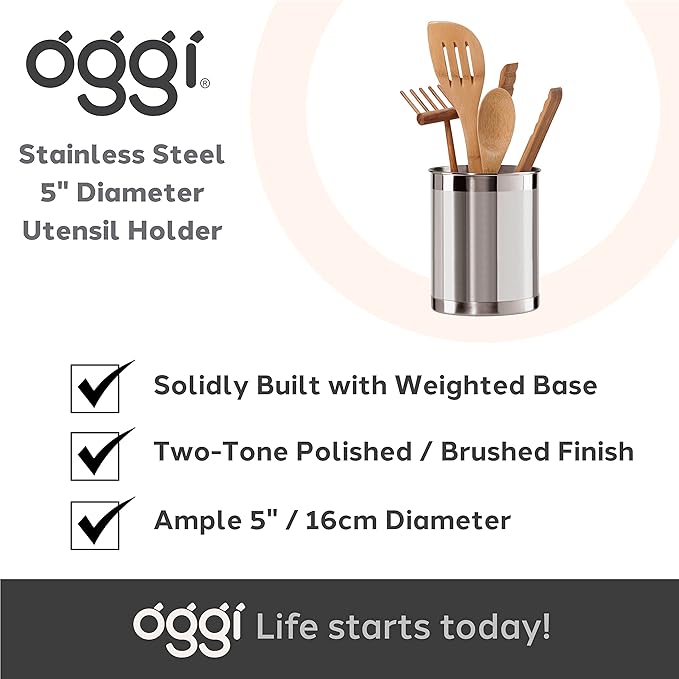 Oggi Stainless Steel Utensil Holder - 5" Diameter, Utensil Caddy, Weighted Base for Stability - Larger-Sized Utensil Crock and Countertop Utensil Organizer, Stainless Steel - Image 7