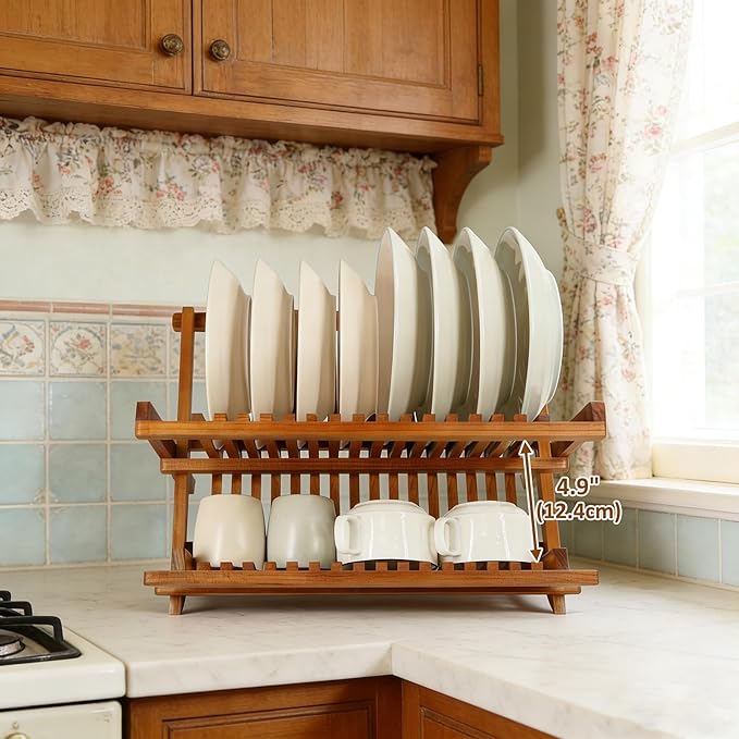 Utoplike Teak Dish Drainer Rack Collapsible 2 Tier Dish Rack Dish Drying Rack Foldable Plate Organizer Holder for Kitchen Compact Countertop - Image 3