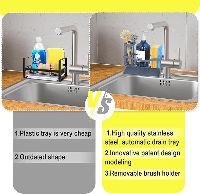 Fssvcd Maifan Sink Caddy Sponge Holder for Kitchen with Brush Holder and Stainless Steel Self Drain Tray, Rustproof Kitchen Sink Organizer for Sponge, Soap Dispenser Storage Accessories Grey Blue - Image 4