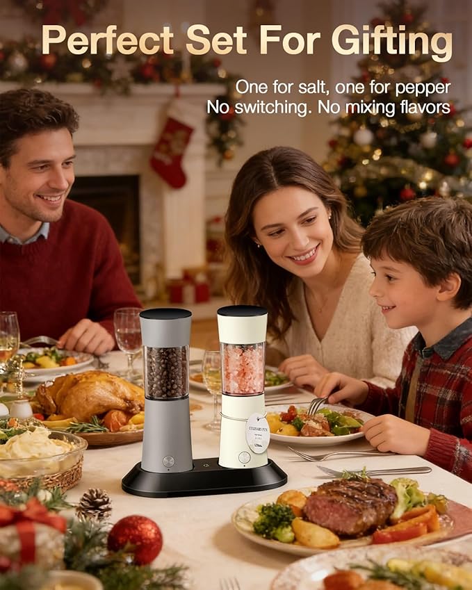 Electric Salt and Pepper Grinder Set, Stainless Steel Automatic Pepper Mill, Rechargeable with USB-C Charging Base, Gravity Activated One-Handed Operation, Dual LED Light, 2 Pack