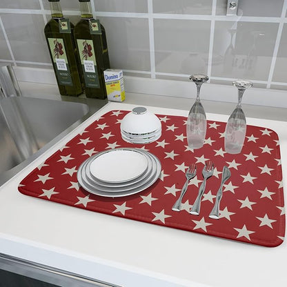Patriotic July of 4th Red Star Dish Drying Mat for Kitchen Counter 18x24 Memorial Independence Day Absorbent Reversible Microfiber Drying Mats Kitchen Countertop Protector Dishes Drainer Rack Pad - Image 6