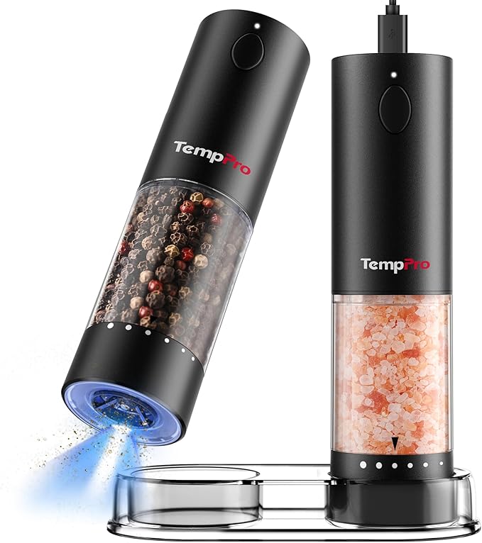 TempPro Electric Salt and Pepper Grinder Set Rechargeable, 110ml Automatic Pepper Grinder Shakers with External Adjustment, Refillable Pepper Mill Set for House Warming Gifts(Previously ThermoPro) by TempPro