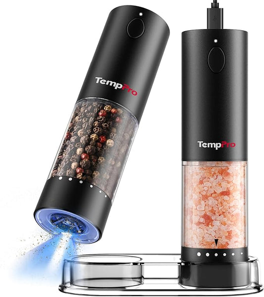 TempPro Electric Salt and Pepper Grinder Set Rechargeable, 110ml Automatic Pepper Grinder Shakers with External Adjustment, Refillable Pepper Mill Set for House Warming Gifts(Previously ThermoPro) by TempPro