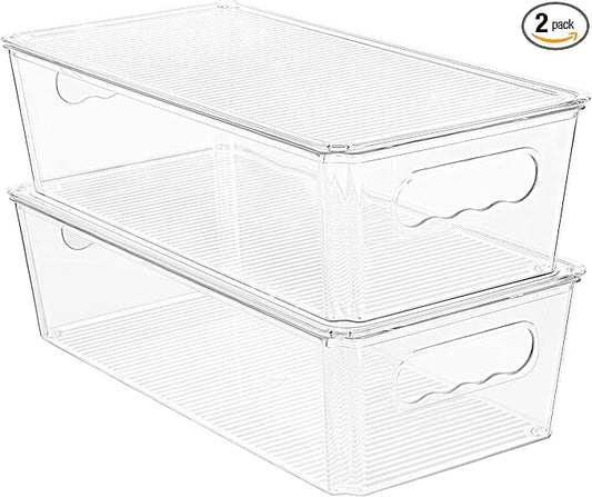 Vtopmart 2pcs Clear Organizers and Storage Bins with Lids, Stackable Plastic Storage Containers with Handles for Fridge, Freezer, Pantry, Cabinet, Kitchen Organization by Vtopmart