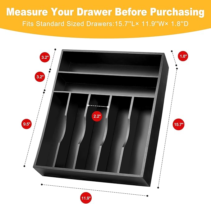 Kitchen Bamboo Silverware Organizer, Kitchen Drawer Organizer - Utensil Holder and Cutlery Tray with Grooved Drawer Dividers for Flatware 7 Slot, Black - Image 3
