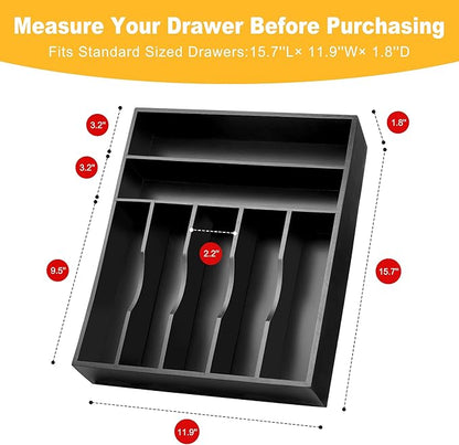 Kitchen Bamboo Silverware Organizer, Kitchen Drawer Organizer - Utensil Holder and Cutlery Tray with Grooved Drawer Dividers for Flatware 7 Slot, Black - Image 3