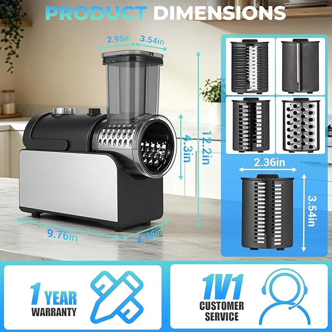 5-IN-1 Electric Cheese Grater, 800W Stainless Steel Electric Salad Machine, 3S Efficient Cutting, Electric Cheese Grater for Block Cheese, Potato, Carrot, Cabbage, Fruits, Nuts（Silver）