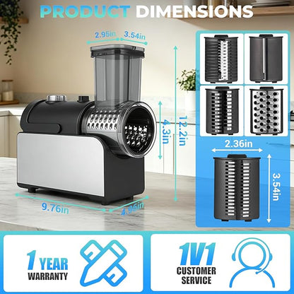 5-IN-1 Electric Cheese Grater, 800W Stainless Steel Electric Salad Machine, 3S Efficient Cutting, Electric Cheese Grater for Block Cheese, Potato, Carrot, Cabbage, Fruits, Nuts（Silver）