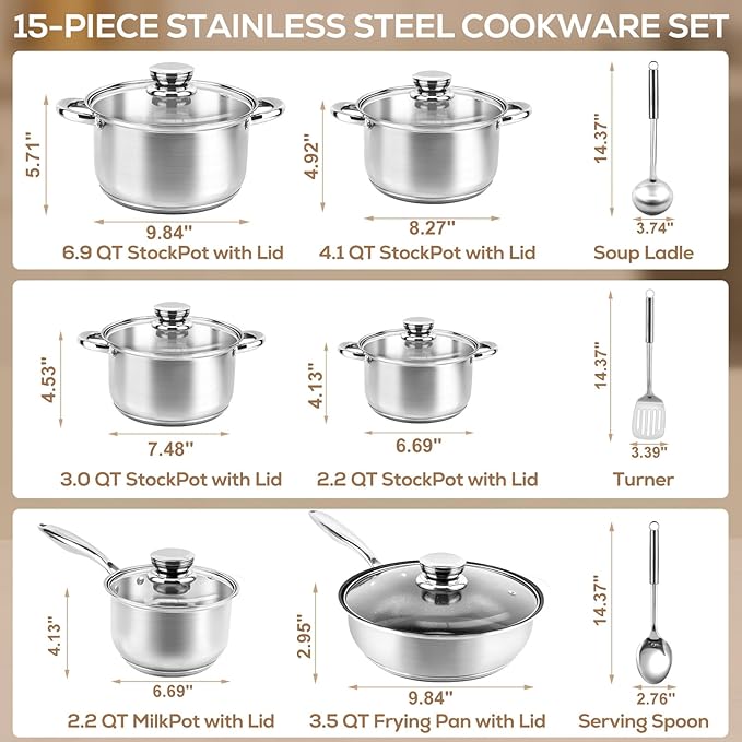Stainless Steel Cookware Set - 15 Pieces Pots and Pans Nonstick Pot and Pan Set Includes 1 Frying Pans, 5 Pots, 6 Lids and 3 Utensils, with Stay Cooling Handle, Induction & Oven Safe - Image 2
