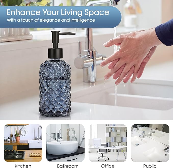 Topsky Gem Glass Soap Dispenser with Black Plastic Pump, 13oz Liquid Hand Soap Dispenser, Rustproof Pump for Kitchen & Bathroom, Great for Lotions, Essential Oil, Liquid Soaps-Grayish Blue - Image 5