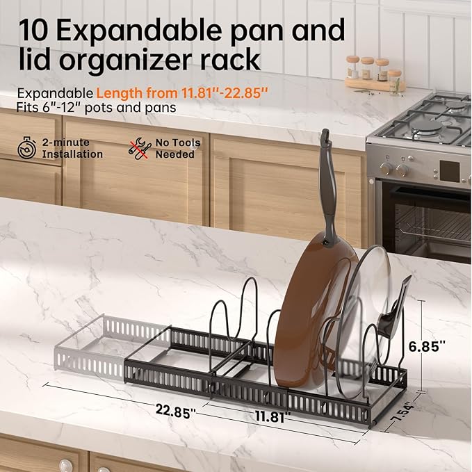 MUDEELA Pots and Pans Organizer Rack for under Cabinet, Expandable Pot Lid Kitchen Cabinet Organizer Holder with 10 Adjustable Compartment Cutting Board Organizer for Pan Lid Cookie Sheet Rack, Bronze - Image 2