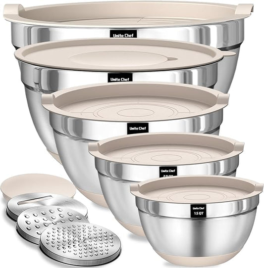 Umite Chef Mixing Bowls with Airtight Lids Set, 8PCS Stainless Steel Nesting Bowls with Grater Attachments, Non-Slip Bottoms, 5, 4, 3.5, 2, 1.5QT for Mixing & Serving by UmiteChef