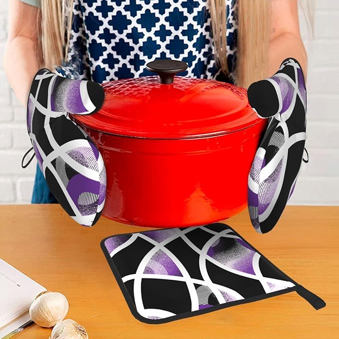 3-Piece Purple Black Abstract Geometric Oven Mitts and Pot Holders Set, Heat Resistant Modern Art Kitchen Gloves Hot Pads for Baking Cooking Grilling, Chef Gifts for Cooking Lovers, Home Decor, Purple - Image 3