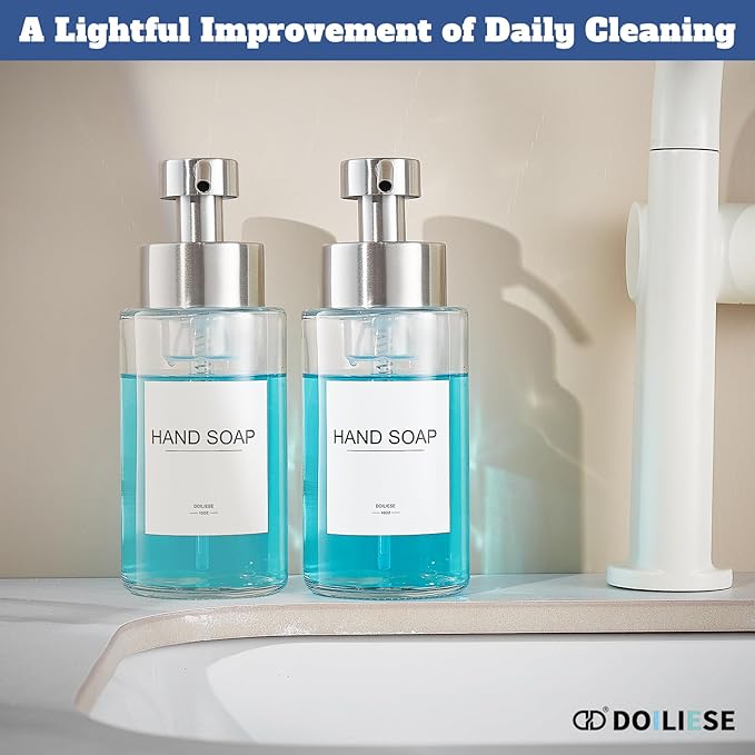 Glass Foaming Hand Soap Dispenser, 10 oz Easy Refill Bathroom Soap Dispenser, Foaming Dispenser with Stainless Steel Pump & Waterproof Labels, Foam Soap Pump Bottles for Handwashing, 2 Sets - Image 7