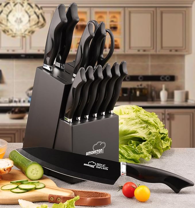 Knife Set, 15 Pieces Kitchen Knife Set with Built in Sharpener, German High Carbon Stainless Steel Knife Block Set, Dishwasher Safe, Black, Mothers Day Gifts - Image 9