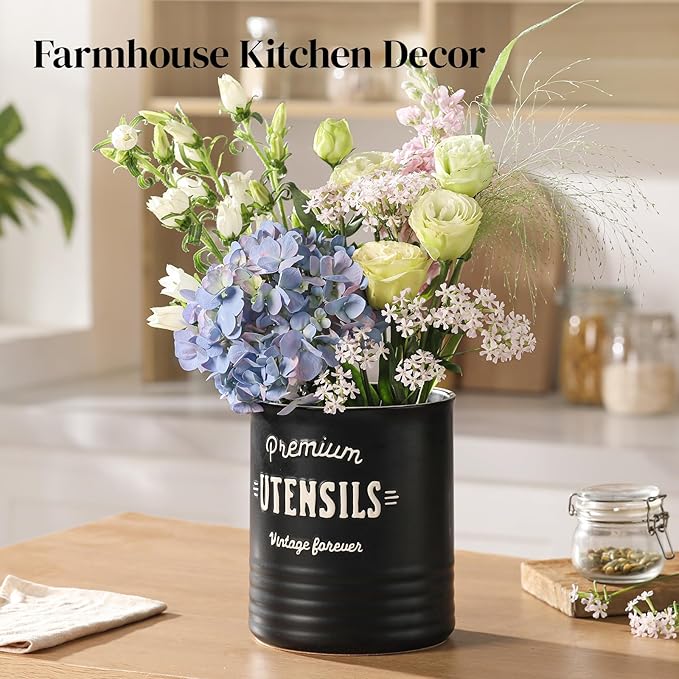 DOWAN 7.2″ Extra Large Utensil Holder, Farmhouse Utensil Holder for Kitchen Counter, Ceramic Utensil Crock with Protection Cork Mat, Utensil Storage for Kitchen Decor & Housewarming Gift, Matte Black - Image 8