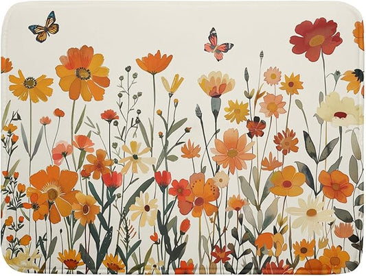 Fall Orange Wildflower Dish Drying Mat for Kitchen Counter,Autumn Floral Butterflies Drying Mat 18 x 24 Inch with Absorbent Reversible Microfiber Dish Drying Pad Dish Pad for Coffee Bar by Anyako