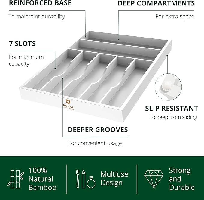 ROYAL CRAFT WOOD Luxury Bamboo Kitchen Drawer Organizer - Silverware Organizer - Utensil Holder and Cutlery Tray with Grooved Drawer Dividers for Flatware and Kitchen Utensils (7 Slot, White) - Image 4