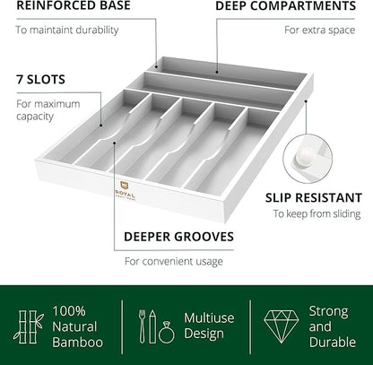 ROYAL CRAFT WOOD Luxury Bamboo Kitchen Drawer Organizer - Silverware Organizer - Utensil Holder and Cutlery Tray with Grooved Drawer Dividers for Flatware and Kitchen Utensils (7 Slot, White) - Image 4