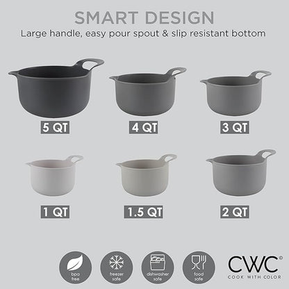 COOK WITH COLOR Nesting Plastic Mixing Bowl Set with Pour Spouts and Handles, Gray, 6 Piece Non-Slip - Image 7