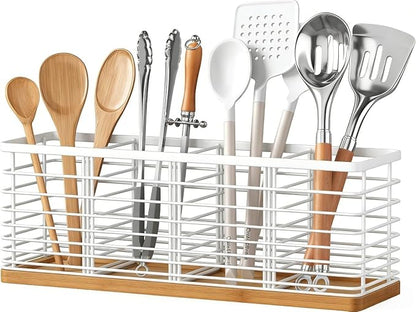Kitchen Cooking Utensil Holder for Kitchen Counter,4 Large White Compartments with Wooden Base utensil caddy,Rustic Style Utensil Utensil Organizer for Farmhouse Kitchen Countertop