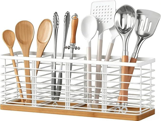 Kitchen Cooking Utensil Holder for Kitchen Counter,4 Large White Compartments with Wooden Base utensil caddy,Rustic Style Utensil Utensil Organizer for Farmhouse Kitchen Countertop