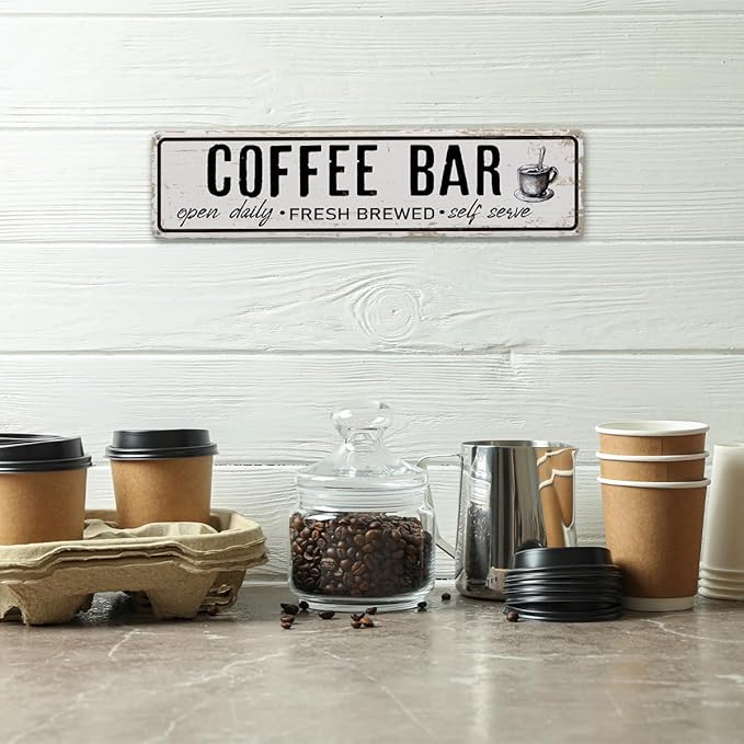 Coffee Bar Open Daily Sign, Retro Metal Tin Sign, Rustic Farmhouse Wall Decor, Coffee Bar Signs for Wall, Vintage Home Decor for Kitchen, Coffees Station Decors, Cafe Decors, 15.8x4 Inches - Image 4