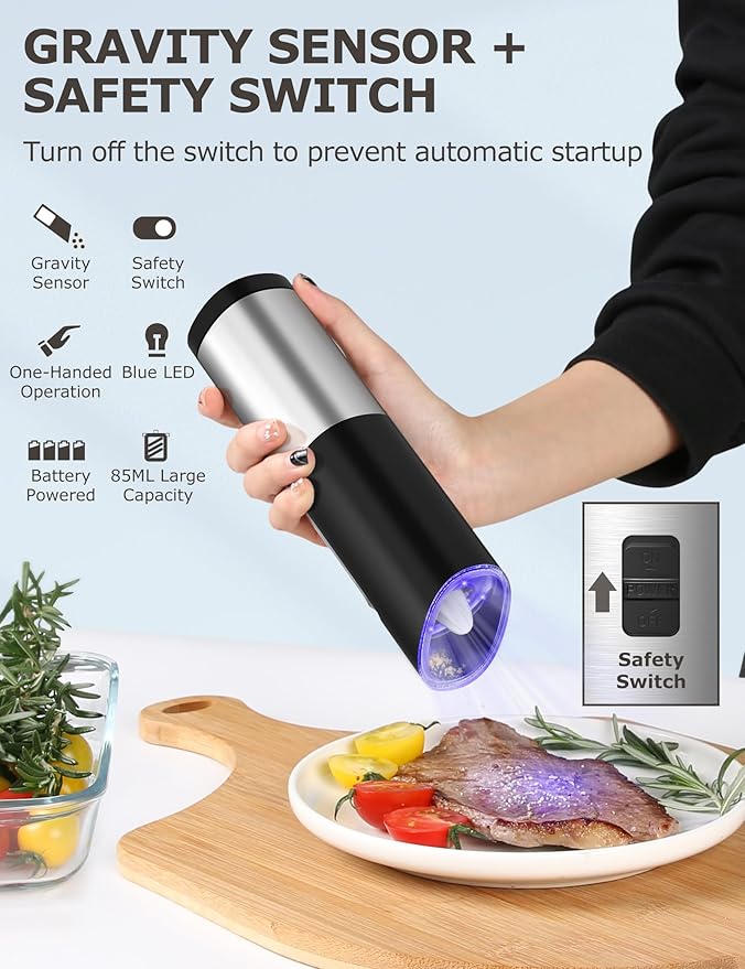 innhom Gravity Electric Salt and Pepper Grinder Set Battery Operated Salt Grinder Pepper Mill Automatic Salt and Pepper Grinder Set with Adjustable Coarseness