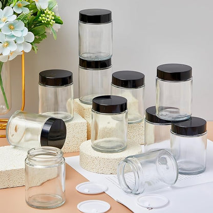 Domensi 24 Pcs Bulk 6oz Glass Jars with Lids Leakproof Round Airtight Empty Cosmetic Jars with Inner Liners Lid for Storing Lotions Spices Ointments Food Storage (White Black)