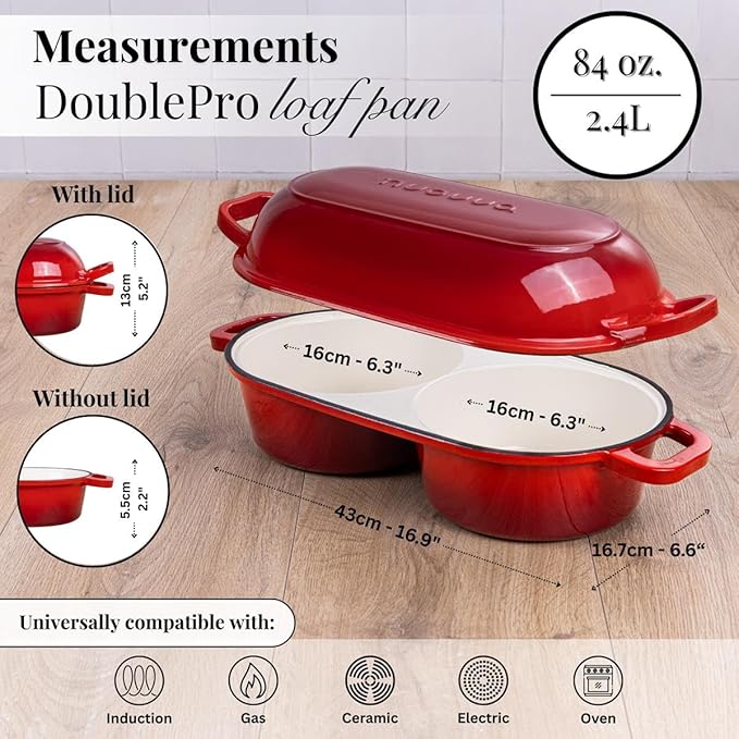 Dutch Oven For Sourdough Bread Baking – Enamelled Cast Iron Bread Loaf Pot – 500°F Oven Safe Non Stick Bread Pot – Double Round Loaf Space, 16.5cm Diameter, Red, – by Nuovva - Image 2
