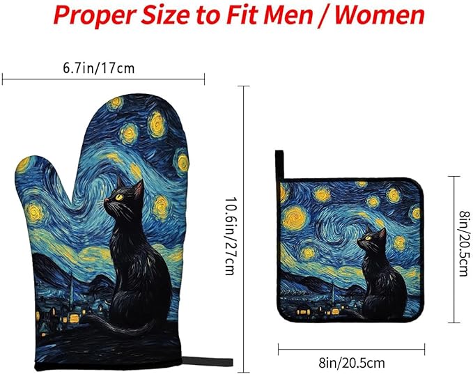 LOKMU Oven Mitts and Pot Holders Set of 3, Starry Night and Black Cat Heat Resistant Kitchen Gloves Hot Pads for Cooking Baking BBQ, Kitchen Decor Gifts for Cooking Lover Cooks