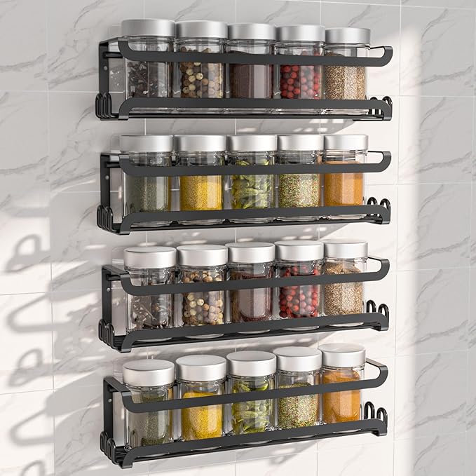 LUCYCAZ 4 Pack Wall Mounted Spice Rack with 16 Hooks, Spice Organizer Shelf for Stove Cabinet Pantry Door,Screw or Adhesive Spice Shelf Hanging Wall Spice Rack in Kitchen and RV (Black, 4 PACK) by LUCYCAZ