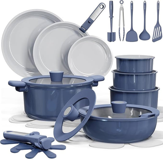 CAROTE 27pcs Ceramic Cookware Set Nonstick, Pots and Pans Set Non Stick, Non Toxic Cookware Detachable Handles, Dishwasher/Oven Safe, RV/Camping Cookware, Pan and Pot with Kitchen Utensils, Navy Blue by CAROTE