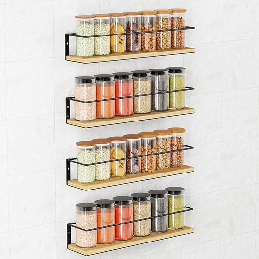 Spice Rack, Self-Adhesive or drilling, Rustic Style Hanging Spice Rack, Spice Organization for Cabinet Door or Wall Mount, Over The Stove, Kitchen Wall, 4-Pack, Wood Color