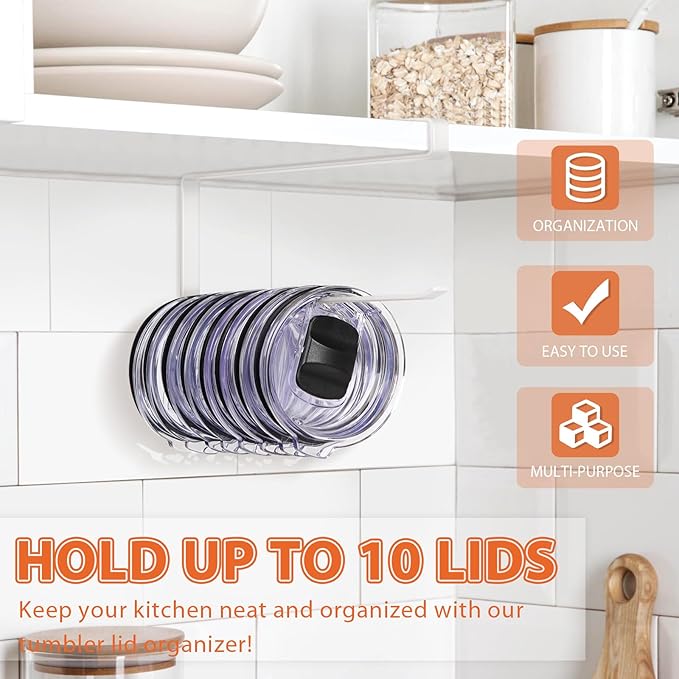 Tumbler Lid Organizer, Horizontal Tumbler Lid Storage Hook Up to 10 Lids, Space Saving Cup Lid Holders Under Cabinet Tumbler Lid Hook for Kitchen Organizer and Storage, Paper Towel Rack Hanger (White) - Image 2