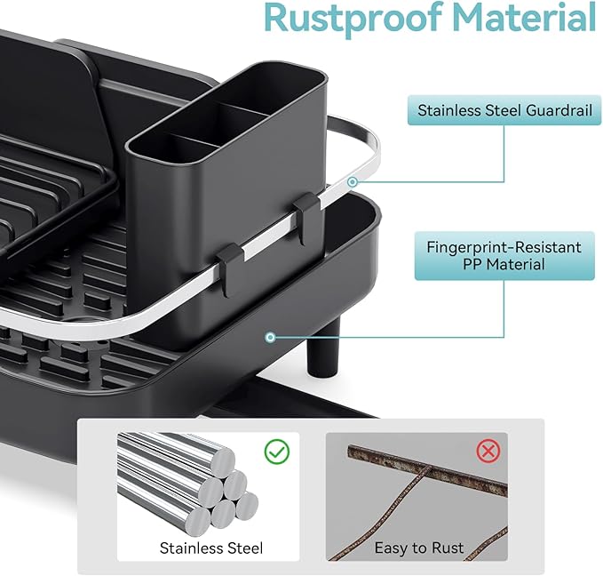 Urackify Expandable Dish Rack for Kitchen Counter,16.14"-23.62" Large Stainless Steel Dish Drying Rack with Adjustable Water Spout, Space Saving Dish Drainer with Auto Draining Cutlery Holder,Black - Image 6