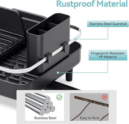 Urackify Expandable Dish Rack for Kitchen Counter,16.14"-23.62" Large Stainless Steel Dish Drying Rack with Adjustable Water Spout, Space Saving Dish Drainer with Auto Draining Cutlery Holder,Black - Image 6